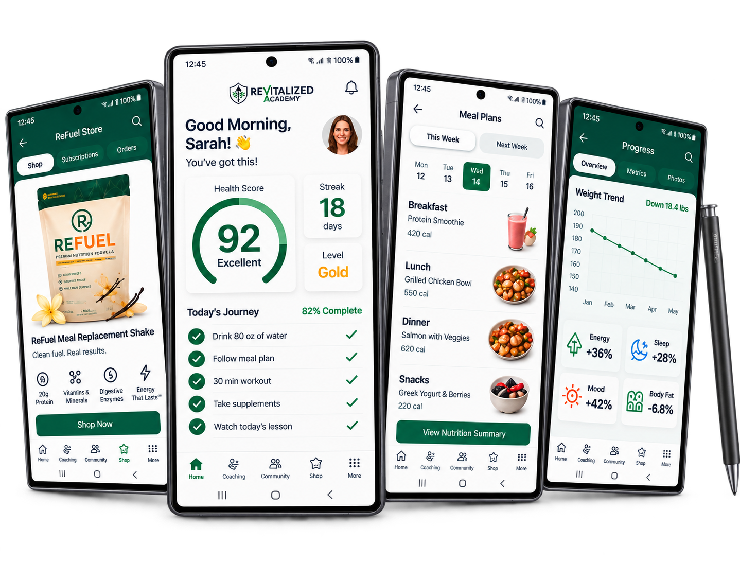 Four ReVitalized Academy app previews showing ReFuel Store, Dashboard, Meal Plans and Progress on premium iPhone mockups